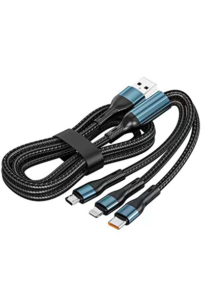 Timebox Cablu de date și încărcare rapidă 3 în 1, nailon, Super Charge, 120W, USB tip C, Lightning, Micro