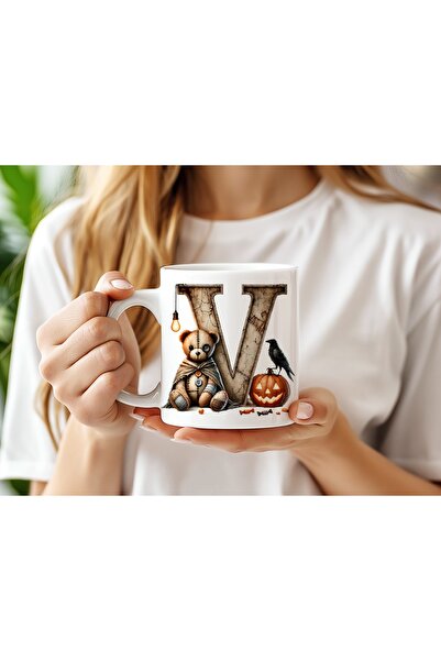 Beramussa Letter V Halloween Themed Bear Mug – Halloween Crow and Pumpkin – Scary Cute