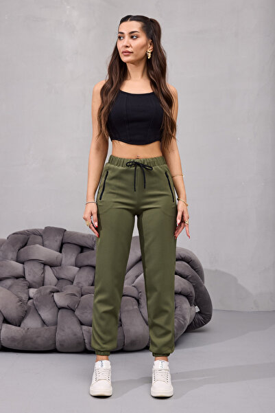 BİKELİFE Kadın Yüksek Bel Likralı Rahat Kumaş Jogger Beli Lastikli Pantolon