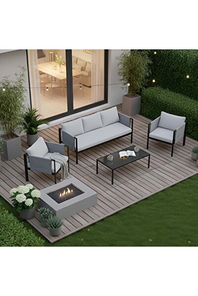 Danube Home Lianne 5-Seater Outdoor Sofa Set - Grey Steel & Texteline, Includes 1 Three-Seater & 2 Singles