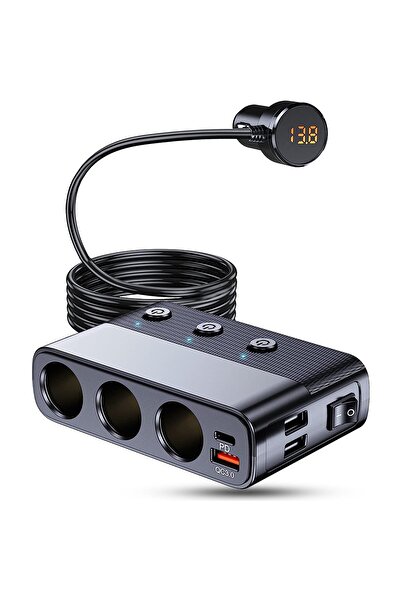 Timebox adaptor priză, încărcător auto 7 în 1 multiplicator 128W, 3x priză auto, 3 x USB, Q,C 3.0, 1 x USB-C, vol