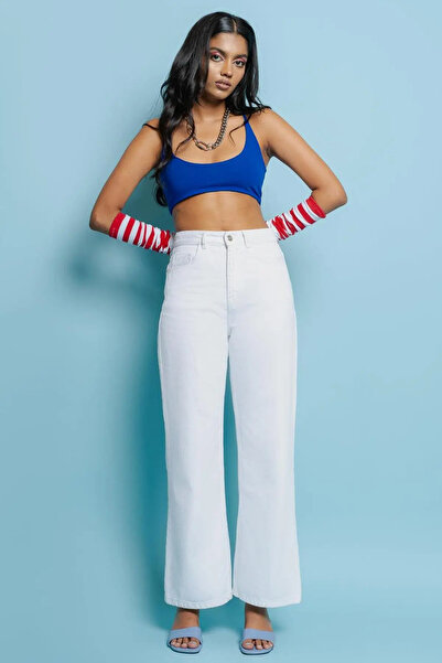 WODDİ Soft Women's Palazzo White Loose Comfortable Fit Jean Denim Trousers Ne...