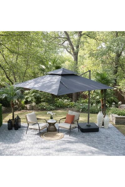 Danube Home Alina Outdoor Umbrella with Base - Grey Polyester, 1 Year Warranty, Ideal for Outdoor Living