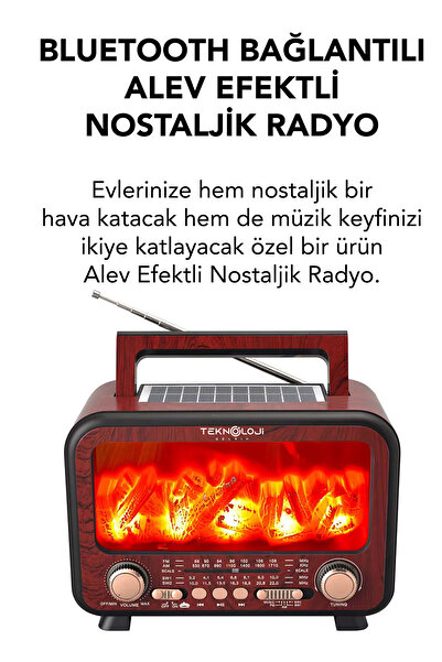 Teknoloji Gelsin Şömine Görünümlü Solar Güneş Enerji Ahşap Nostalji Bluetooth Usb Sd Mp3 Radyo Müzik Kutusu