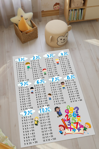 HalıOnline Çarpım Tablosu Desenli Dijital Baskılı Makinede Yıkanabilir Kaymaz Leke Tutmaz Çocuk Odası Halısı