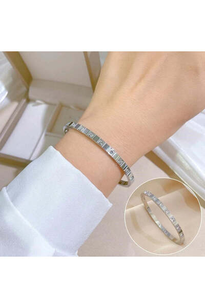 Pursehuit Brățară tip bangle din oțel inoxidabil și argint cu pietre de zirco...