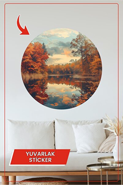 KOSS Dijital Sonbahar Renklerinde Orman ve Göl Manzaralı Yuvarlak Sticker Dek...