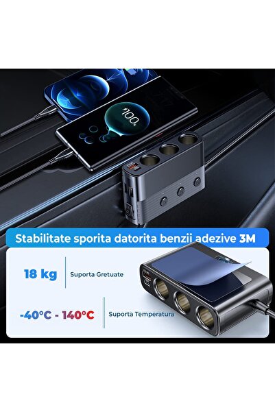 Timebox adaptor priză, încărcător auto 7 în 1 multiplicator 128W, 3x priză auto, 3 x USB, Q,C 3.0, 1 x USB-C, vol