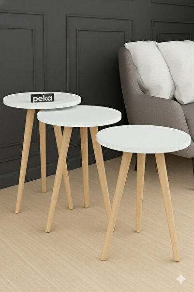 PEKA Zigon Sehpa Doğal Kayın Ağacı Ahşap Ayaklı 3’lü Set Yuvarlak