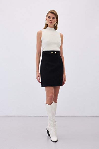 Sateen Fusta mini din tweed cu detaliu cu nasturi - Negru