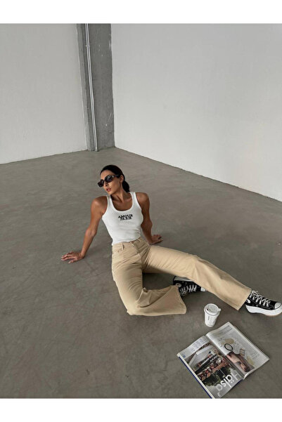 dressmix Κρεμ γυναικείο φαρδύ τζιν παντελόνι Palazzo Άνετο κομμένο τζιν παντελόνι New-2