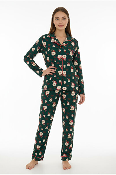 Bravie Luxury Soft Green Santa Claus Patterned Long Sleeve Women's Pajama Set – 3023