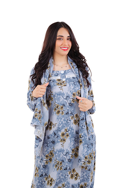 amaan Women's Modern Floral Print Rayon Abu Tarha Jalabiya, Long Sleeve, elastic cuff with Headscarf.