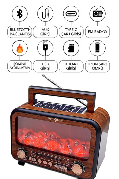 Teknoloji Gelsin Şömine Görünümlü Solar Güneş Enerji Ahşap Nostalji Bluetooth Usb Sd Mp3 Radyo Müzik Kutusu