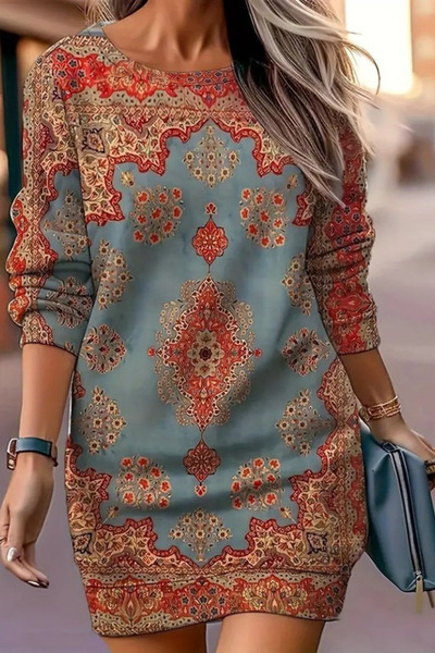 Viyamo Yeni Sezon Kadın Uzun Kollu Yuvarlak Yaka Etnik Desenli Mini Modal Elbise