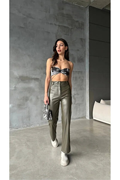 Ecenin Favorileri Green Faux Leather Women's Trousers