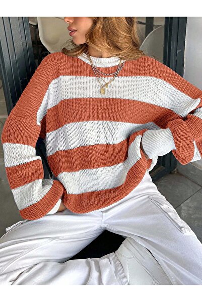 Dier Moda Women's Crew Neck Striped Oversize Knitwear Sweater Fmoda602