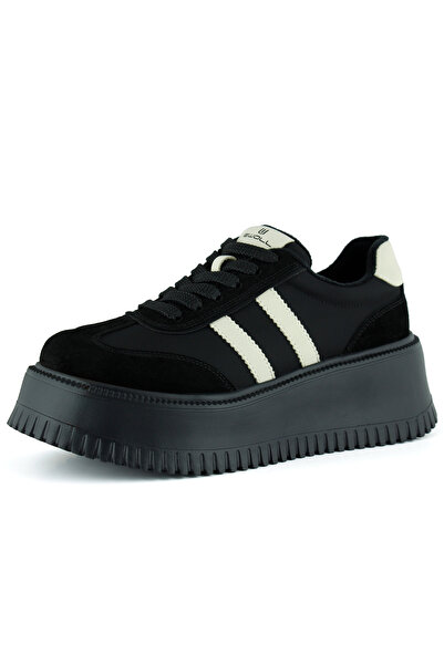 Erkan Saçmacı Black Vegan Suede Round Toe Lace-Up Flatform Sole Casual Sneaker Sports Shoes