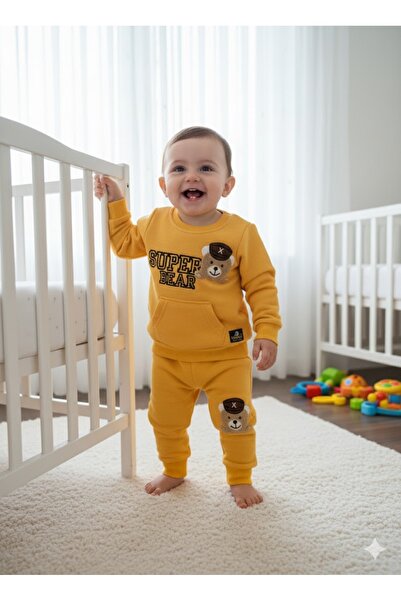 Jasminya طقم ملابس أطفال مكون من قطعتين بياقة دائرية مطرزة بتصميم دب سوبر بير