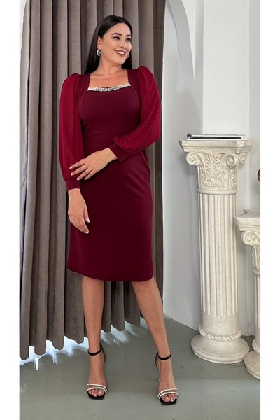 Butik Nilyam Women's Plus Size Square Neck Stone Embroidered Chiffon Sleeve Midi Stretchy Evening Dress 25041