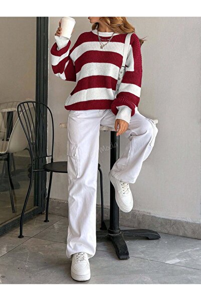 Dier Moda Kadın Bisiklet Yaka Çizgili Oversize Triko Kazak Fmoda602
