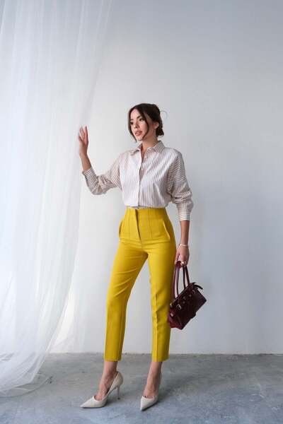 Hatun Atila High Waist Straight Cut Double Breasted Detailed Fabric Trousers 4613 - Yellow