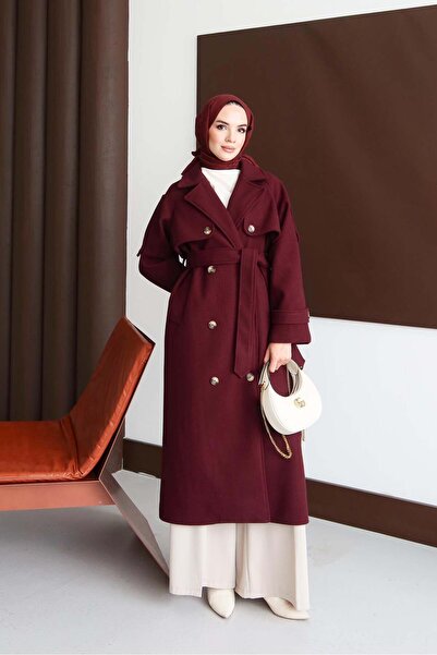 Rimel Moda Trenç Görünümlü Kaban Bordo