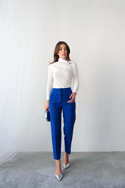 Hatun Atila High Waist Straight Cut Double Breasted Detailed Fabric Trousers 4613 - Blue