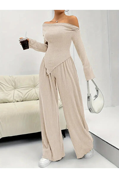 Wear Up Women's long sleeve off the shoulder asymmetrical cutout camisole blouse and pants two-piece pants