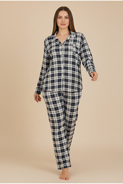 Bravie Set de pijamale de lux din viscoză, albastru închis, cu model în carouri, cu mâneci lungi, pentru femei – 42527