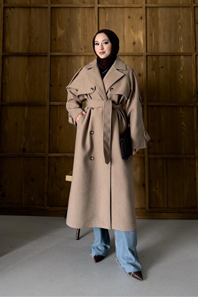 Rimel Moda Trenç Görünümlü Kaban Sütlü Kahve