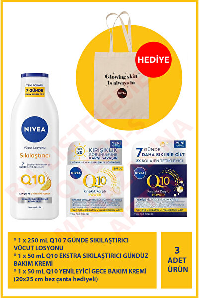 NIVEA Q10 Power 3’lü Cilt Bakım Seti – Sıkılaştırıcı Losyon, Gündüz ve Gece Kremi + Hediye Bez Çanta