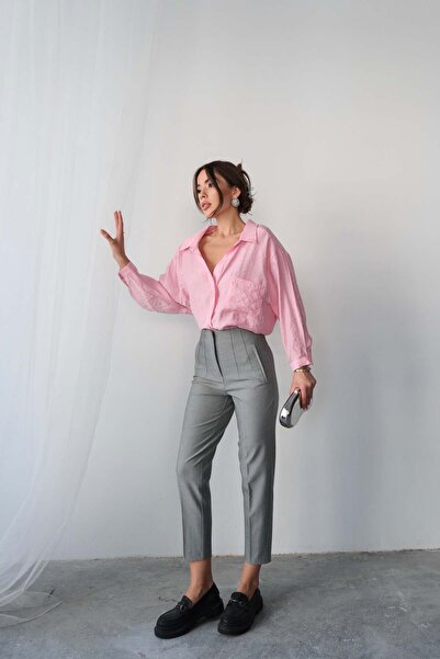 Hatun Atila High Waist Straight Cut Double Breasted Detailed Fabric Trousers 4613 - Gray