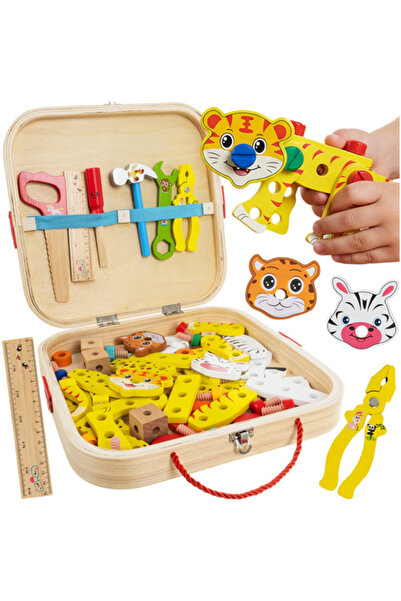 zola Set din lemn de construit animale cu suruburi, unelte, stickere si cutie...