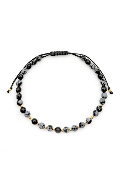 Velar Bracelets Obsidian Snowflake Semi-Precious Stone Cord Bracelet and 14K Gold Balls (Adjustable)