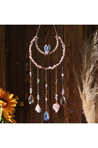Bozy Dekoratif Ay Tasarımlı Kristal ve Doğal Taşlı Güneş Kapanı -İç Mekan Güneş Yakalayıcı Suncatcher