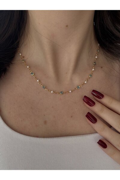 Atelier Emine Mavi İşlemeli Gold Kolye