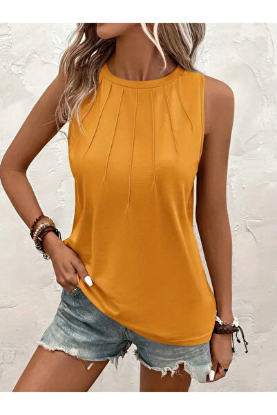 Wear Up Women's Sleeveless Crew Neck Front Stripe Detailed Viscose Blouse