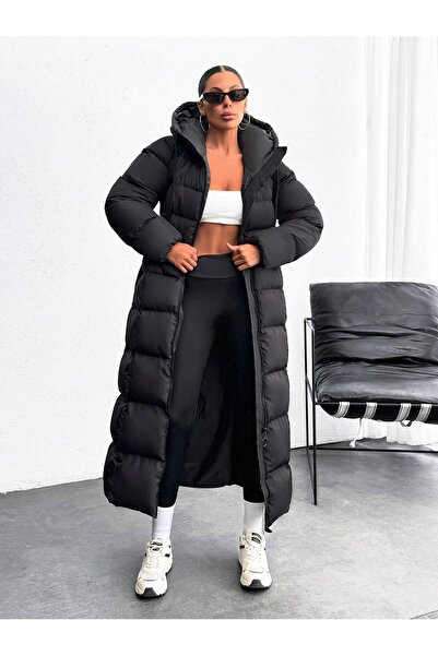 ParlaMira Dámský dlouhý černý prémiový péřový kabát s kapucí
