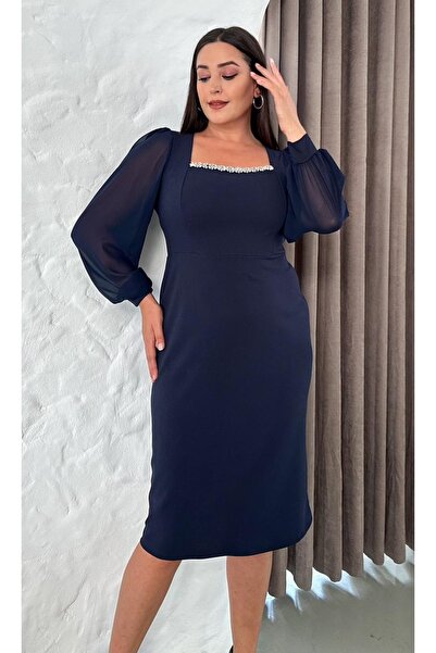 Butik Nilyam Women's Plus Size Square Neck Stone Embroidered Chiffon Sleeve Midi Stretchy Evening Dress 25041