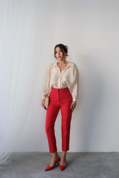 Hatun Atila High Waist Straight Cut Double Breasted Detailed Fabric Trousers 4613 - Red