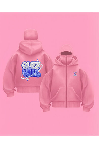Gofeel Unisex Oversize Pink Buzz Kill Printed Masked Hoodie