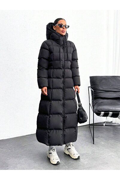 ParlaMira Dámský dlouhý černý prémiový péřový kabát s kapucí