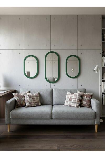 NORDVİA 3’lü Oval Duvar Aynası / Yeşil Dekor Oval Ayna -Dekoratif Ayna Seti