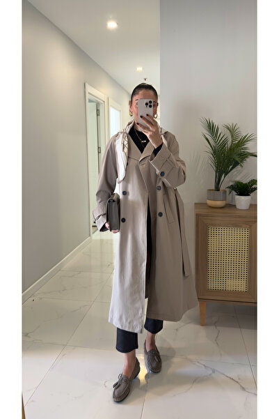 BİRCANÇİL Anastas Light Khaki Long Premium Trench Coat with Scarf