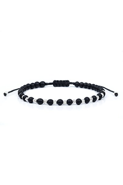 Velar Bracelets Bratara din Snur cu Pietre Semipretioase Onix Mat si Bile din Argint 925 (Reglabila)