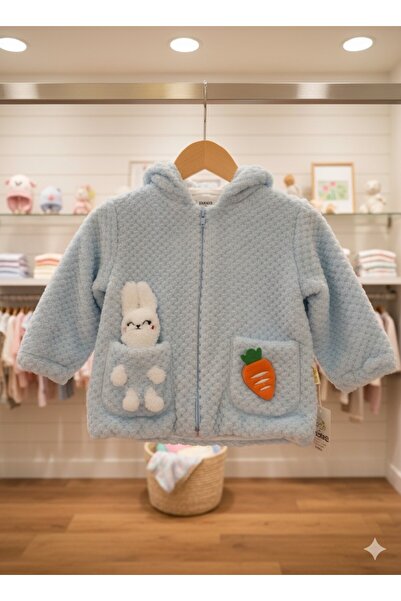 Jasminya Soft Plush Hooded Blue Unisex Children's Coat with Rabbit Pocket Toy