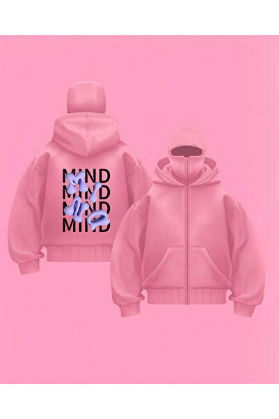 Gofeel Unisex Oversize Pembe Mind Baskılı Maskeli Hoodie