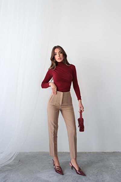 Hatun Atila High Waist Straight Cut Double Breasted Detailed Fabric Trousers 4613 - Beige