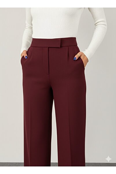 İpli Women's Burgundy Palazzo Pants High Waist, Pockets, Velcro Closure